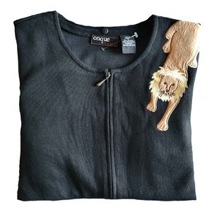 Lion Sweater Jacket Black Zip Up Casual Fun Vintage Small Onque Casuals